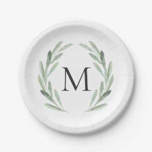 Aquarell-grünes Ölzweig-Kranz-Monogramm Pappteller