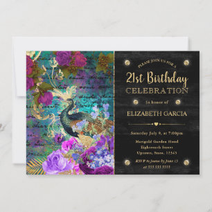 Aquarell-Grunge-Pfau und Blumen Geburtstag Einladung