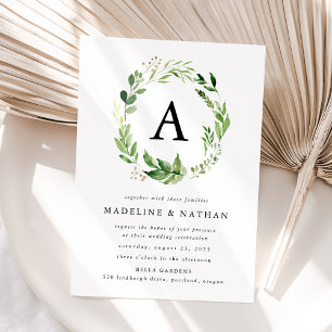 Aquarell-Grünkränze-Monogramm-Hochzeit Einladung