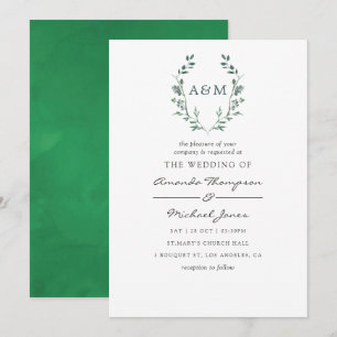 Aquarell-Grünlaub-Lorbeerkamm-Monogramm-Hochzeit Einladung