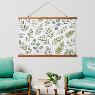 Aquarell-Grünmuster | Botanische Blätter Wandteppich Mit Holzrahmen