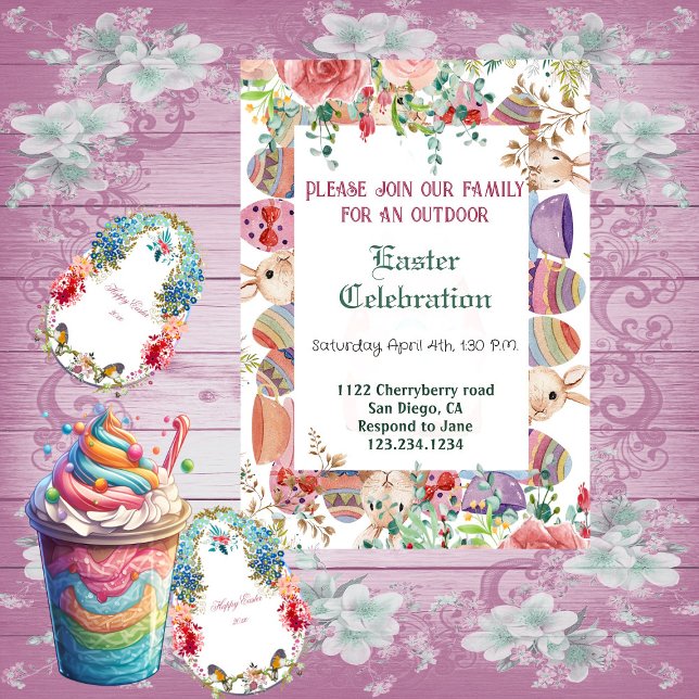 Aquarell Grünpflanzen Blumengeblümte Ostereier Rah Einladung (Watercolor Greenery Floral Bunny Easter Eggs Frame Invitation)