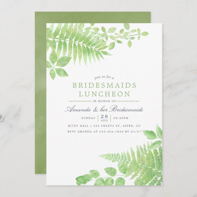 Aquarell Grünpflanzen Foliage Bridesmaids Luncheon Einladung (Vorne/Hinten)