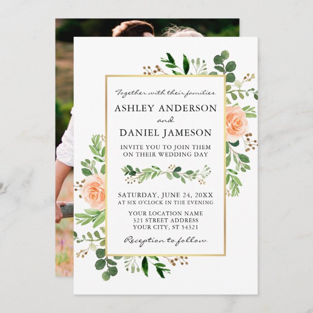Aquarell Grünpflanzen Peach Rose Foto Back Wedding Einladung (Vorne/Hinten)