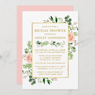 Aquarell Grünpflanzen Rosen Brautparty Gold Einladung