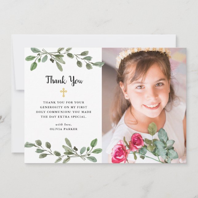 Aquarell Grünpflanzen und Gold Foto Erste Kommune Dankeskarte (Vorderseite)