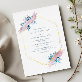 Aquarell Grünzeug Dusty Blue Hochzeit Gold Folieneinladung