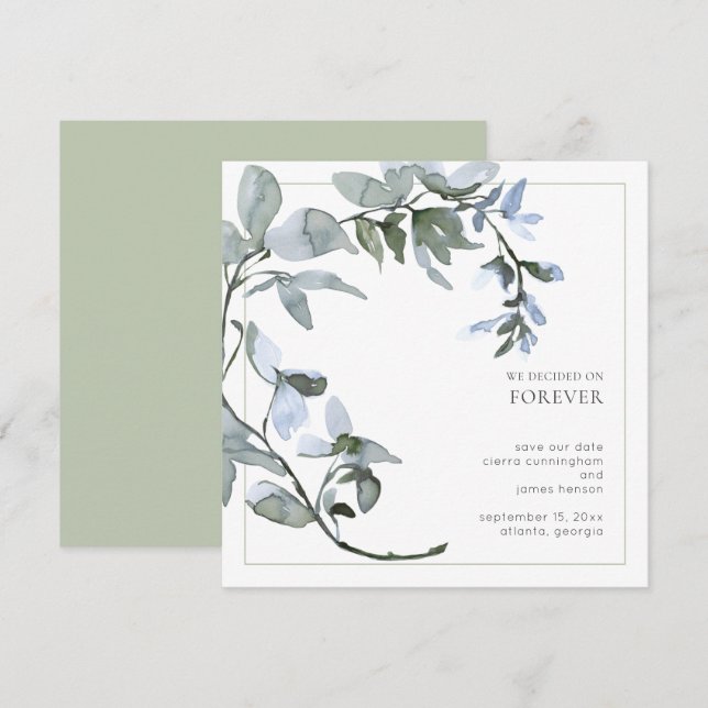 Aquarell Grünzeug Hellblau Floral Save The Date (Vorne/Hinten)