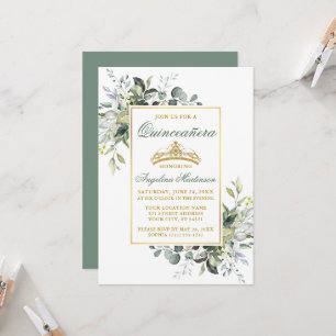 Aquarell Grünzeug Salbei Grün Gold Quinceanera Einladung
