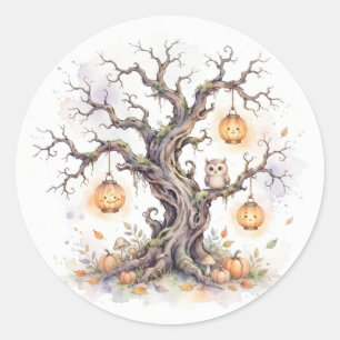 Aquarell-Gruseliger-Baum-Halloween-Nacht-Aufkleber Runder Aufkleber