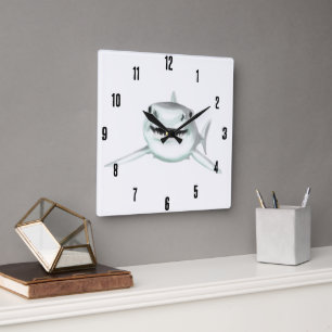 Aquarell-Hai lächelnd grauer grüner Ozean-Tier Quadratische Wanduhr