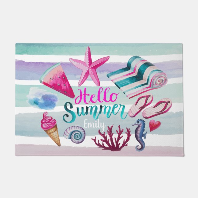 Aquarell-hallo Sommer-Monogramm-Strand-Streifen Fußmatte (Vorderseite)