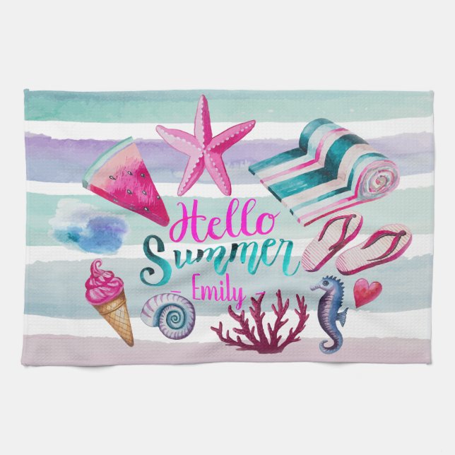 Aquarell-hallo Sommer-Monogramm-Strand-Streifen Geschirrtuch (Horizontal)