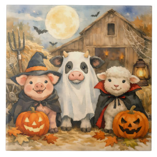 Aquarell-Halloween-Bauernhoftiere bei der Scheune  Fliese