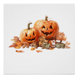 Aquarell-Halloween-Kürbisse mit Herbstlaub O Poster