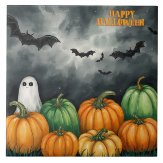 Aquarell-Halloween-Kürbisse und Geist  Fliese