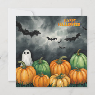 Aquarell-Halloween-Kürbisse und Geist Karte