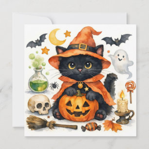 Aquarell Halloween schwarze Katze im Kostüm Feiertagskarte