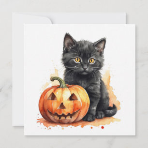 Aquarell Halloween schwarze Katze mit Kürbis  Feiertagskarte