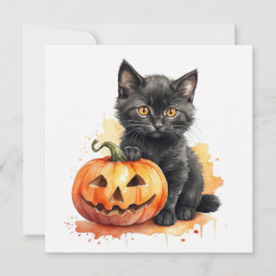 Aquarell Halloween schwarzes Kätzchen und Kürbis  Feiertagskarte