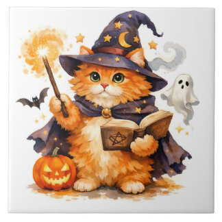 Aquarell-Halloween-Zauberkatze mit Geist  Fliese