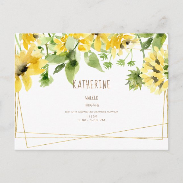 Aquarell Hängend Sonnenblumen Brautparty Invi Einladungspostkarte (Vorderseite)