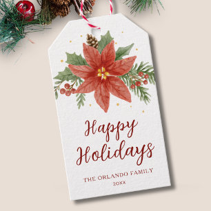 Aquarell Happy Holidays Weihnachten Poinsettia Geschenkanhänger
