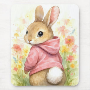Aquarell-Häschen in einem rosa Hoodie Mousepad