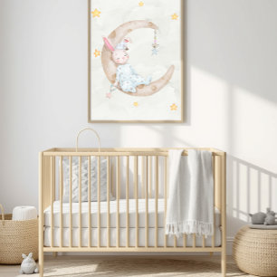 Aquarell-Häschen schlafend auf Mond Kinderzimmer-K Poster