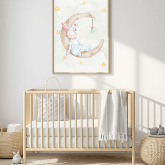 Aquarell-Häschen schlafend auf Mond Kinderzimmer-K Poster