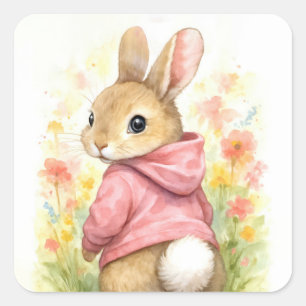 Aquarell-Hase in einem rosa Hoodie Quadratischer Aufkleber