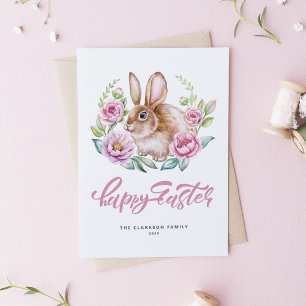 Aquarell-Hase Rosa Floraler Kranz Frohe Ostern Feiertagspostkarte