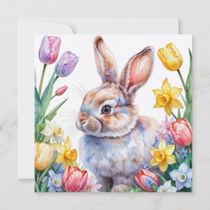 Aquarell-Hase und Frühlingsblumen Feiertagskarte