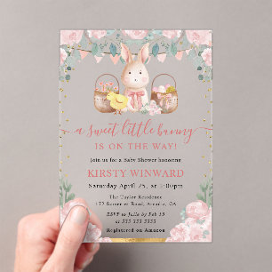 Aquarell-Hase und rosa Blumen Baby Shower Acryleinladungen