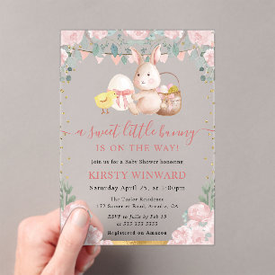 Aquarell-Hase und rosa Blumen Baby Shower Acryleinladungen