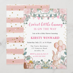 Aquarell-Hase und rosa Blumen Baby Shower Einladung