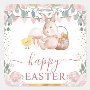 Aquarell-Hase und rosa Blumen Quadratischer Aufkleber