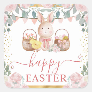 Aquarell-Hase und rosa Blumen Quadratischer Aufkleber