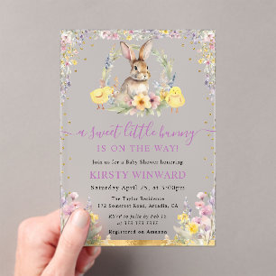Aquarell-Hase und Wildblumen-Baby-Party Acryleinladungen