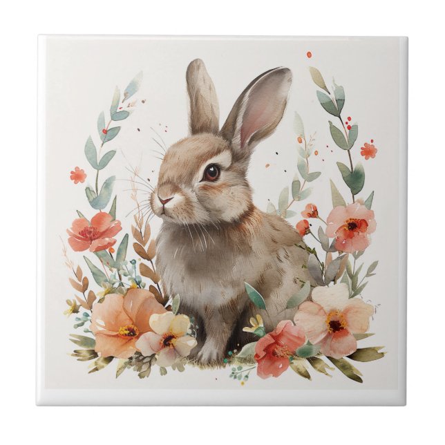 Aquarell-Hasen-Blumen Fliese (Vorderseite)
