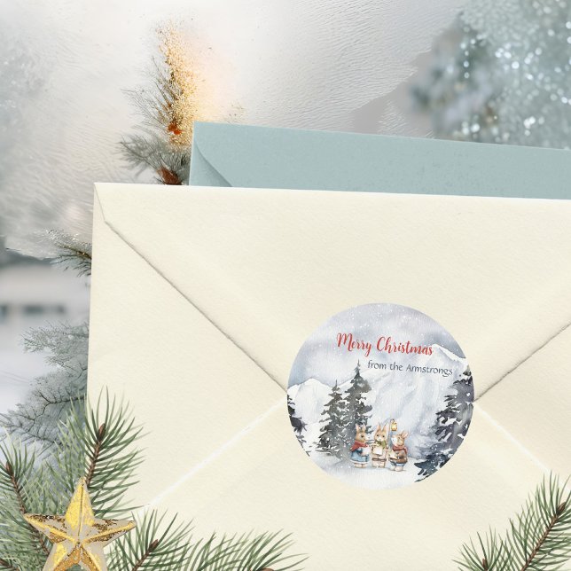 Aquarell-Hasen Cottagecore Runder Aufkleber (Watercolor Rabbit Carolers Cottagecore Classic Round Sticker ©Susanne Sachers - Sunny Mind 🌞)