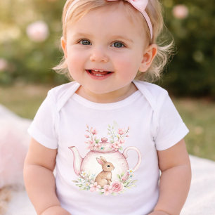 Aquarell-Hasen-Kaninchen-Teekanne-Blumen-Baby-Part Baby Strampler