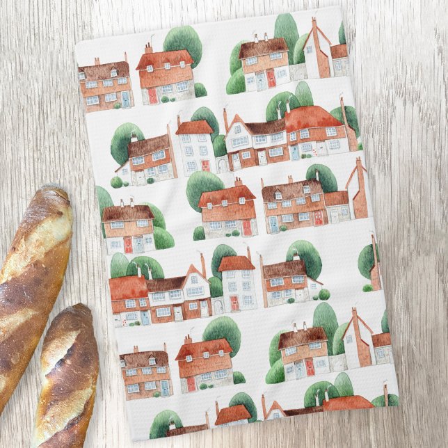 Aquarell-Haus Heimkunst Geschirrtuch (Traditional watercolor houses, homes and cottages art kitchen tea towel)