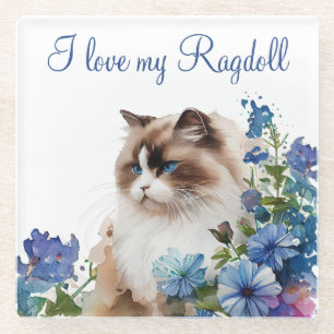 Aquarell-Haustier-Ragdoll-Katze und blaue Blumen Glasuntersetzer