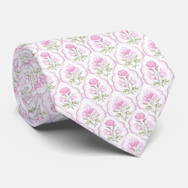 Aquarell heißrosa Blumen Krawatte (Gerollt)