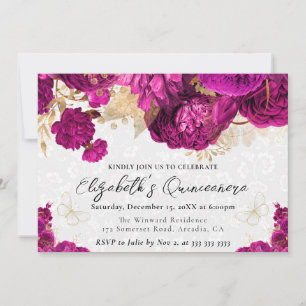 Aquarell Heißrosa und Goldene Blumen Quinceanera Einladung