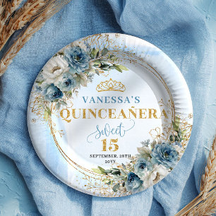 Aquarell Hellblau Floral Gold Glitter Party Pappteller