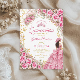 Aquarell Helle Rosa Rosen Golden Quinceañera Einladung