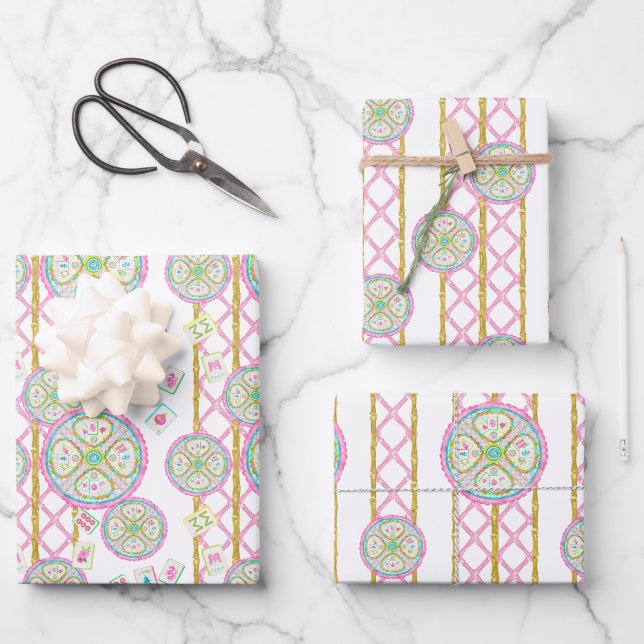 Aquarell Helles Mahjong-Medaillon Geschenkpapier Set (Vorderseite)