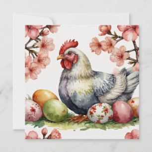 Aquarell-Henne mit Ostereiern, Kirschblüte Feiertagskarte